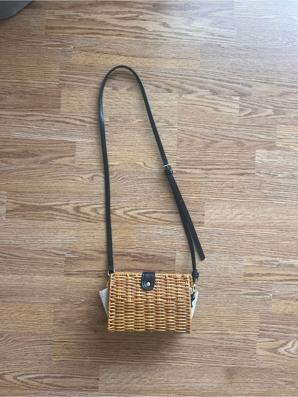 Woven Straw Crossbody Bag with Black Strap